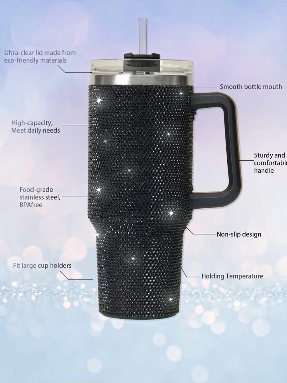 Black Rhinestone Bling Travel Tumbler Spill-Proof Lid Straw Handle 40 ounces NIB